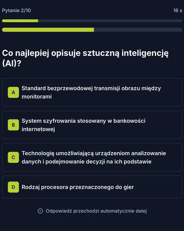 Ekran aplikacji quizowej jako przykład projektu cyfrowego Kluco